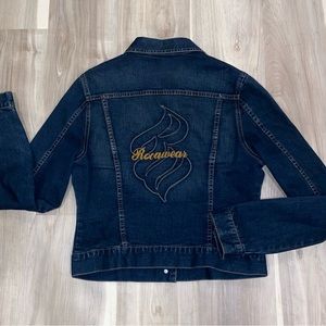 Rocawear Dark Blue Denim Jean Jacket with Gold Embroidery